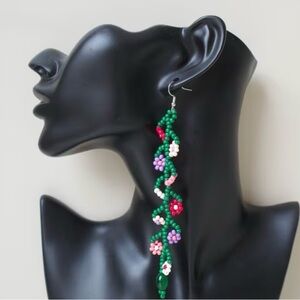 Elegant Green Beaded Floral Earrings